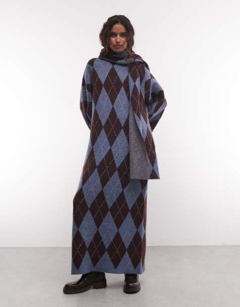 Muse Assembly argyle knit maxi dress with matching scarf in blue brown - view 1