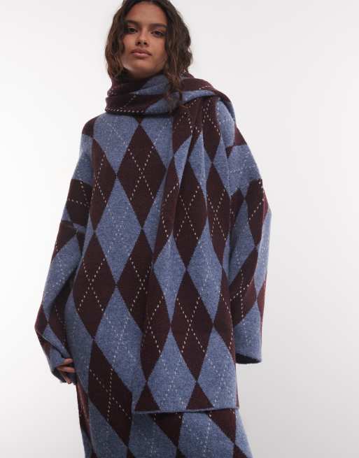 Muse Assembly argyle knit maxi dress with matching scarf in blue brown, 2 of 4