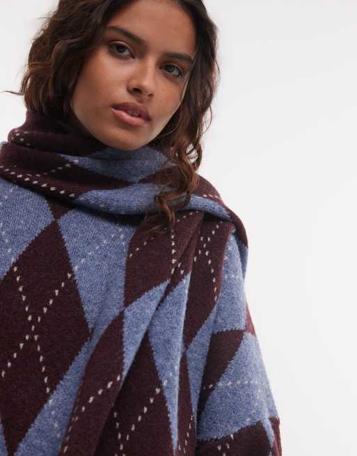 Muse Assembly argyle knit maxi dress with matching scarf in blue brown, 3 of 4