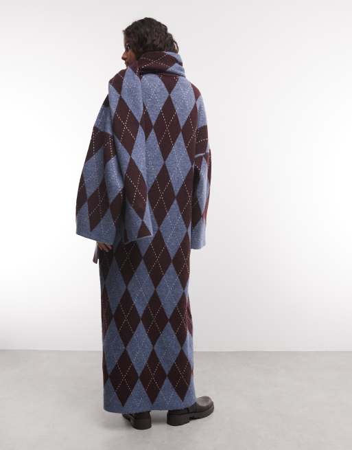 Muse Assembly argyle knit maxi dress with matching scarf in blue brown, 4 of 4