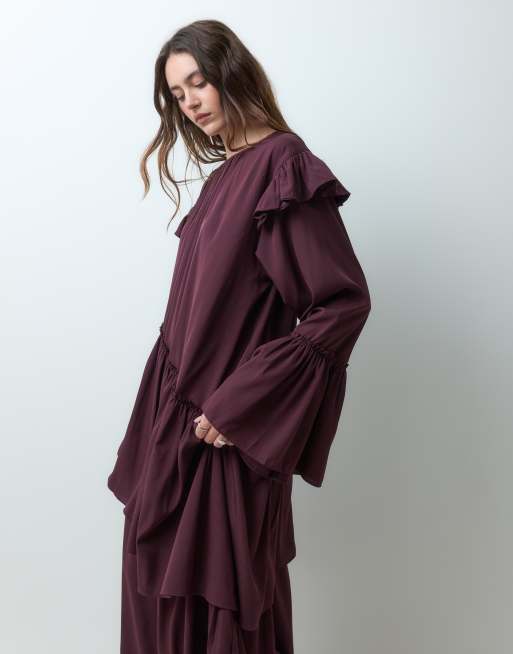 Muse Assembly asymmetrisk volang flora maxiklänning i aubergine, 3 av 5