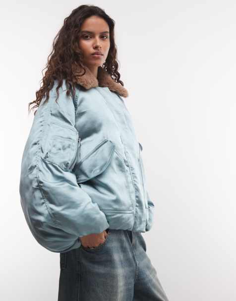 Muse Assembly balloon sleeve puffer jacket with contrast fur in blue - view 1