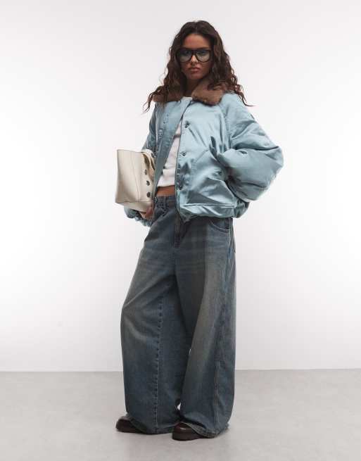 Muse Assembly balloon sleeve puffer jacket with contrast fur in blue, 2 of 4