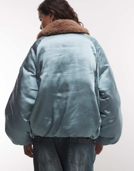Muse Assembly balloon sleeve puffer jacket with contrast fur in blue, 3 of 4