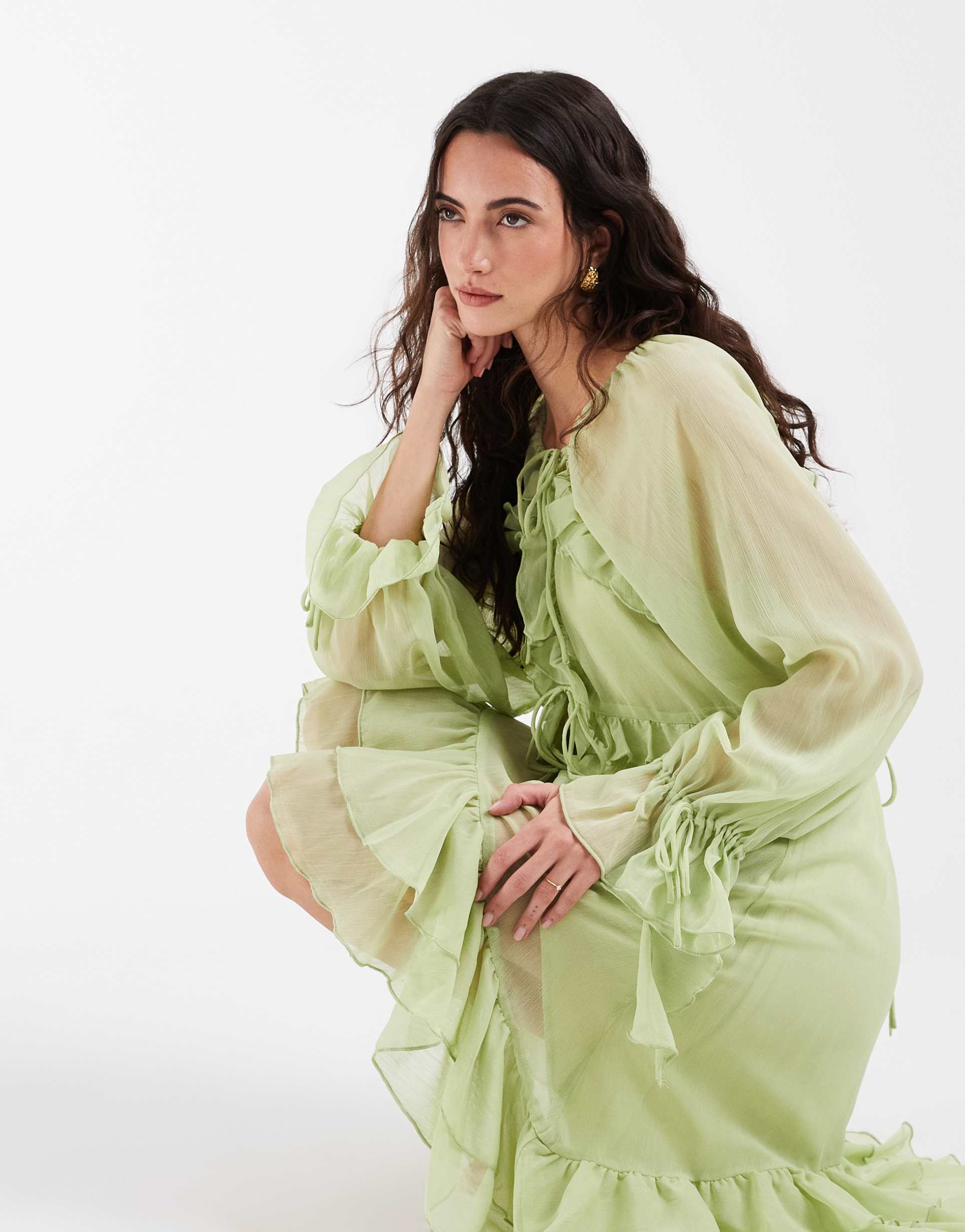 muse assembly boho crinkle chiffon ruffle midi dress in apple green