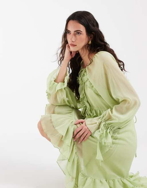 Muse Assembly boho crinkle chiffon ruffle midi dress in apple green, 3 of 5