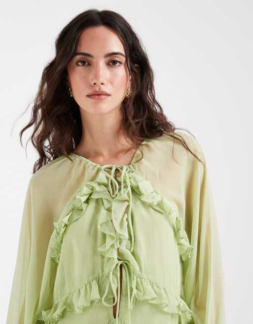 Muse Assembly boho crinkle chiffon ruffle midi dress in apple green, 5 of 5