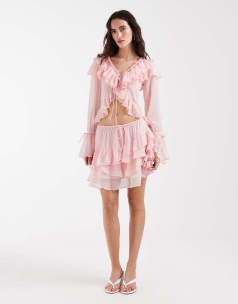 Muse Assembly boho crinkle chiffon ruffle tie front top in pink co-ord - view 1