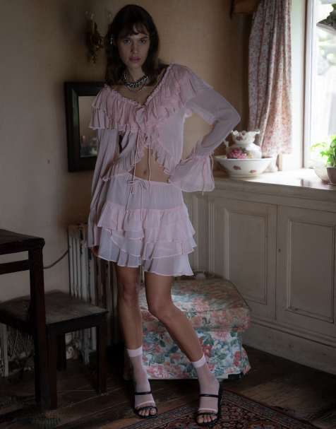 Muse Assembly boho crinkle chiffon ruffle tie front top in pink (part of a set) - view 1