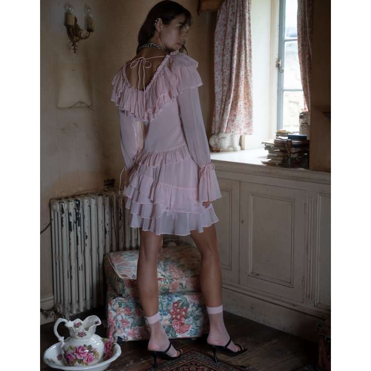 Muse Assembly boho crinkle chiffon tiered mini skirt in pink co