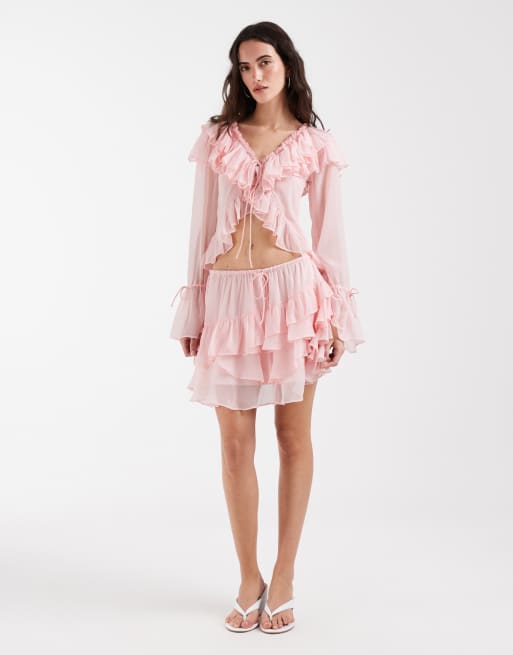 Muse Assembly boho crinkle chiffon tiered mini skirt in pink co-ord, 2 of 6