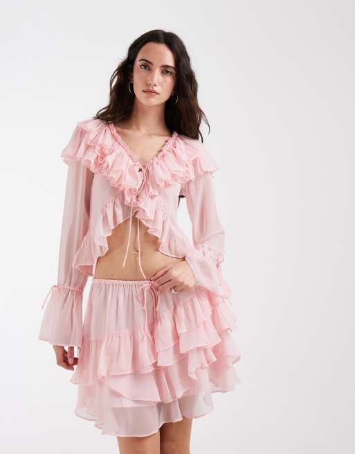 Muse Assembly boho crinkle chiffon tiered mini skirt in pink co-ord, 4 of 6