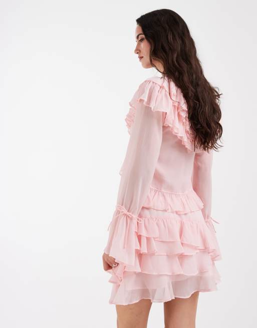 Muse Assembly boho crinkle chiffon tiered mini skirt in pink co-ord, 5 of 6