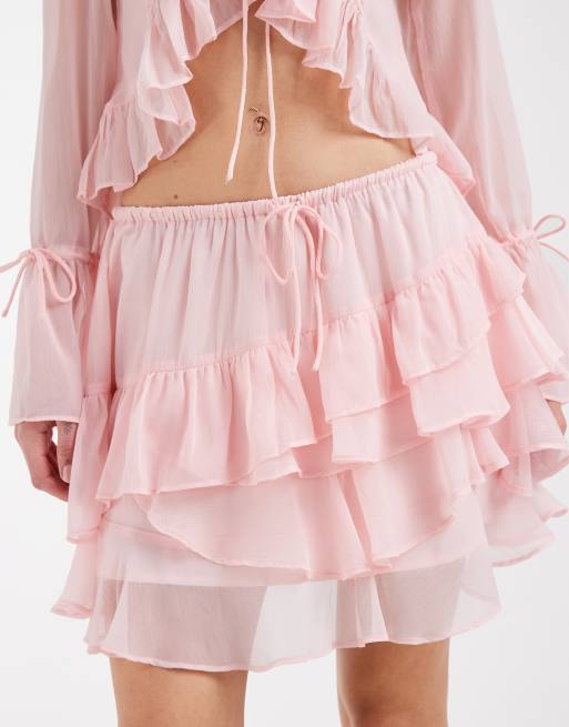 Muse Assembly boho crinkle chiffon tiered mini skirt in pink co-ord, 6 of 6