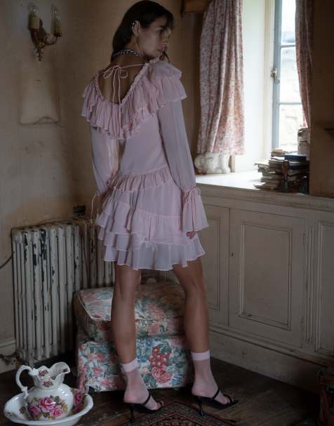 Muse Assembly boho crinkle chiffon tiered mini skirt in pink (part of a set) - view 1