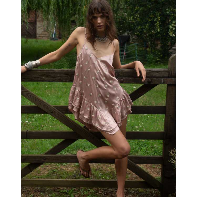 mini boho floral embroidery dress Muse Assembly crushed satin asymmetric ruffle with in pink My Actual Bust is:32