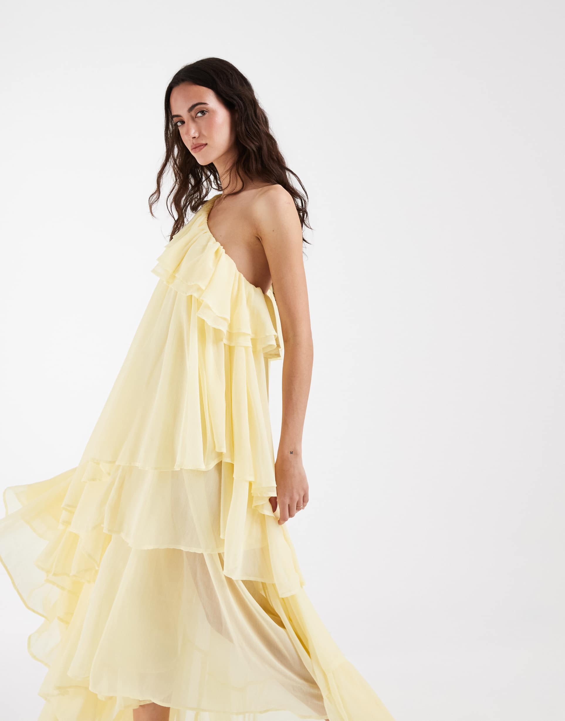 muse assembly boho one shoulder tiered ruffle maxi dress in butter yellow