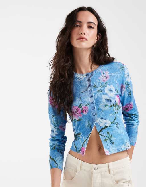 Muse Assembly button down cardigan in blue placement floral, 2 of 5