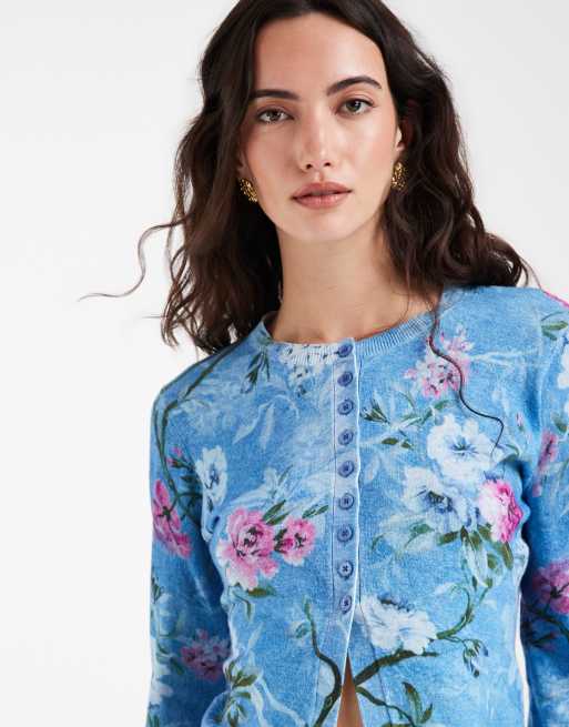 Muse Assembly button down cardigan in blue placement floral, 3 of 5