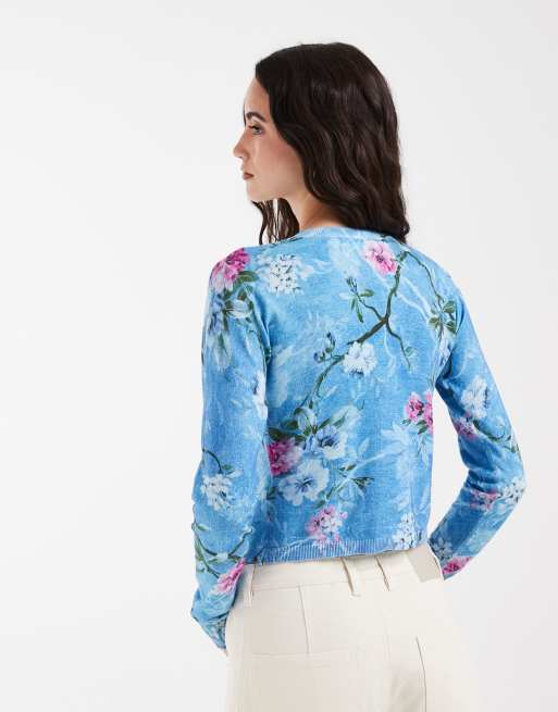 Muse Assembly button down cardigan in blue placement floral, 4 of 5