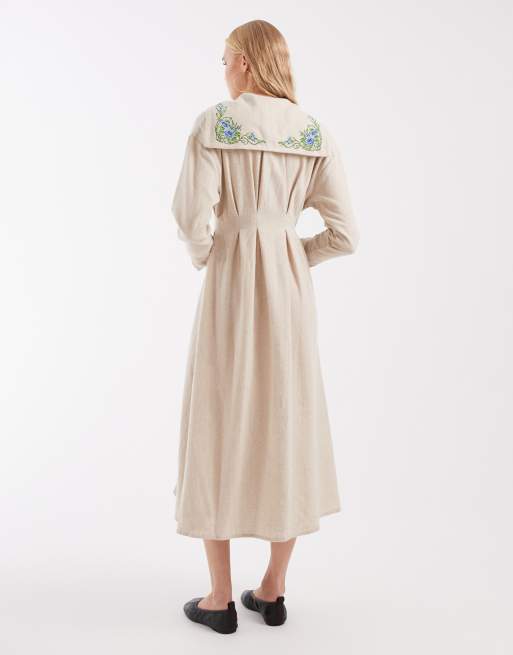 Muse Assembly button down embroidered collar bridget maxi dress in ecru, 4 of 4