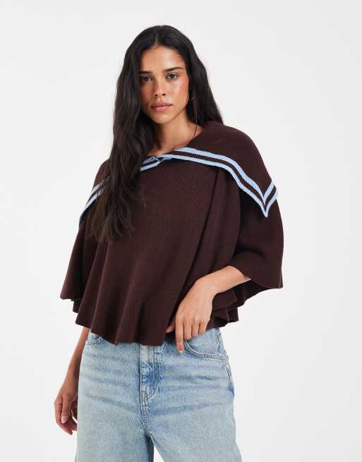 Muse Assembly cape met pip in chocoladebruin en blauw, 3 van 5