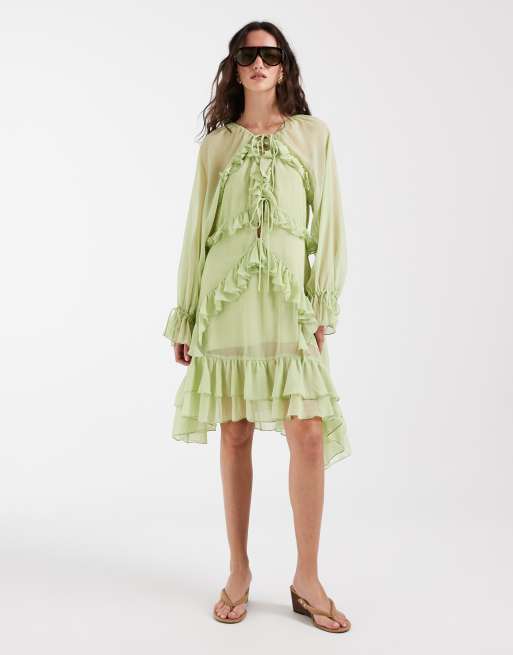 Muse Assembly – Chiffon-Midikleid im Boho-Stil in Apfelgrün mit Knitterstruktur und Rüschen, 2 von 5