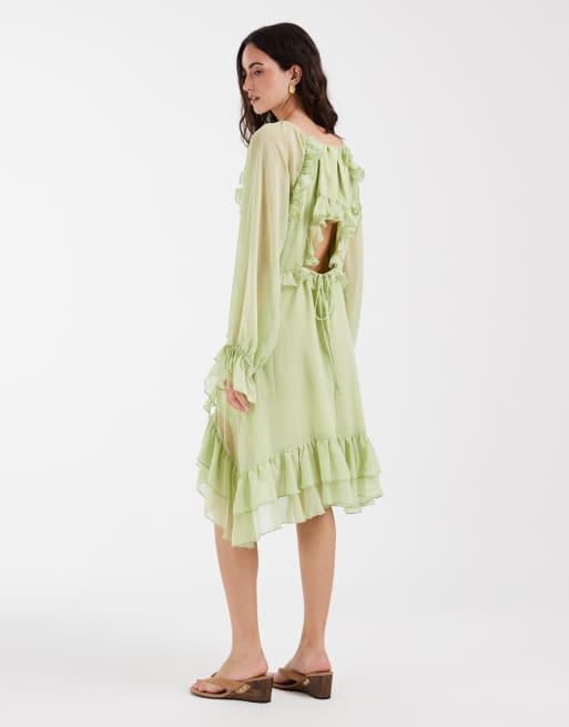 Muse Assembly – Chiffon-Midikleid im Boho-Stil in Apfelgrün mit Knitterstruktur und Rüschen, 4 von 5