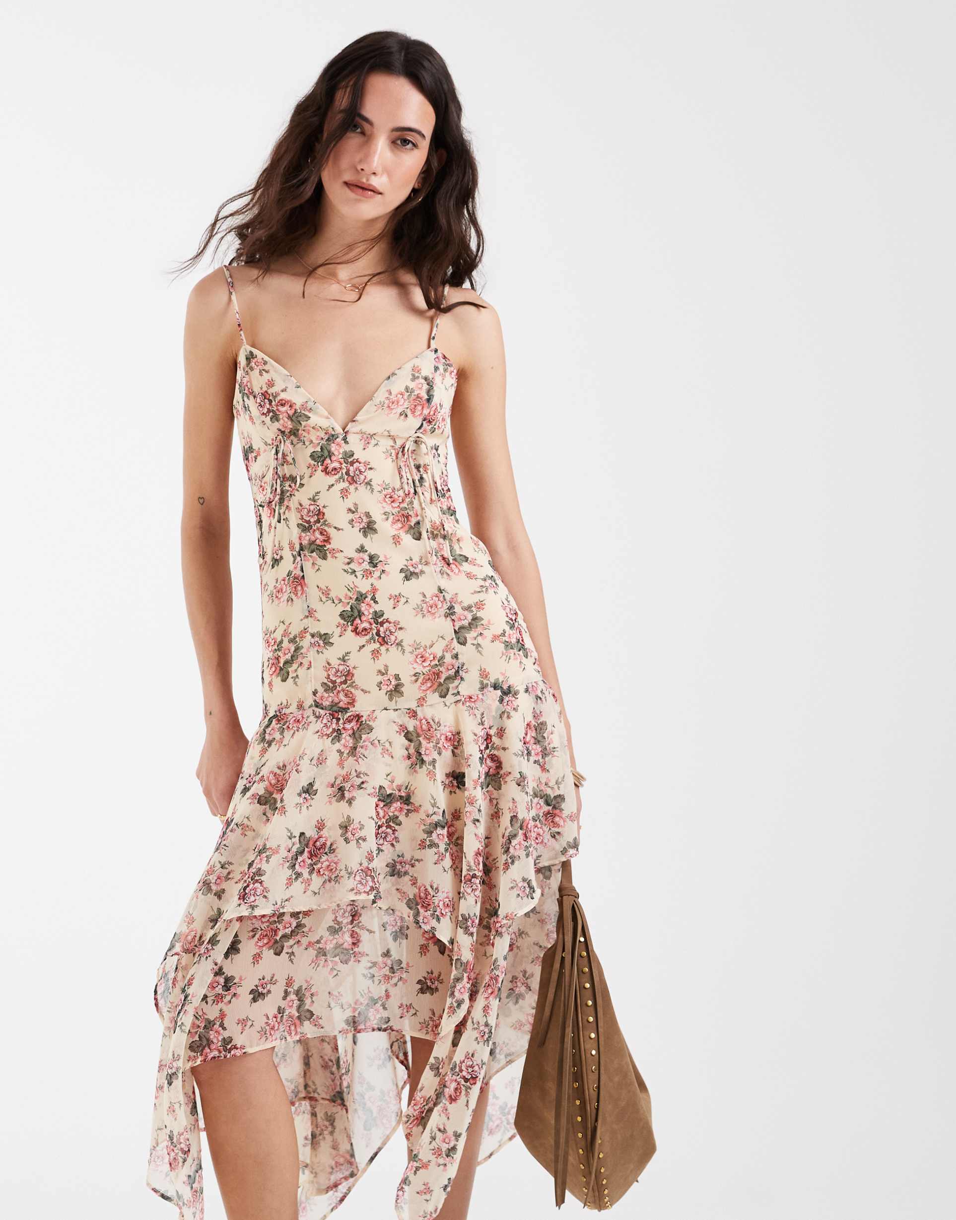 muse assembly crinkle chiffon v neck asymmetric hem midaxi dress in pink floral
