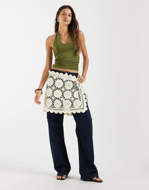 Muse Assembly crochet side tie mini skirt in cream - view 1