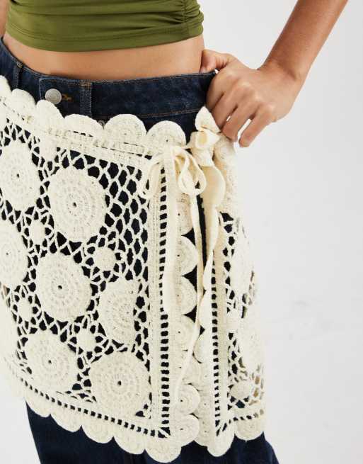 Muse Assembly crochet side tie mini skirt in cream, 3 of 5