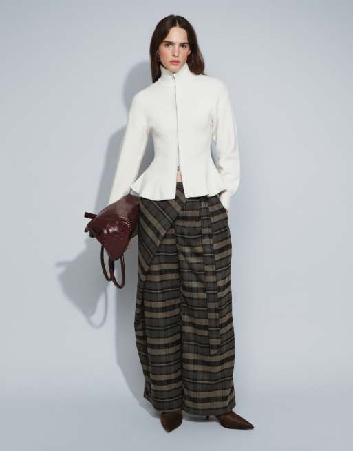 Muse Assembly elena D-ring trousers with wrap overlay in grey brown check, 2 of 5