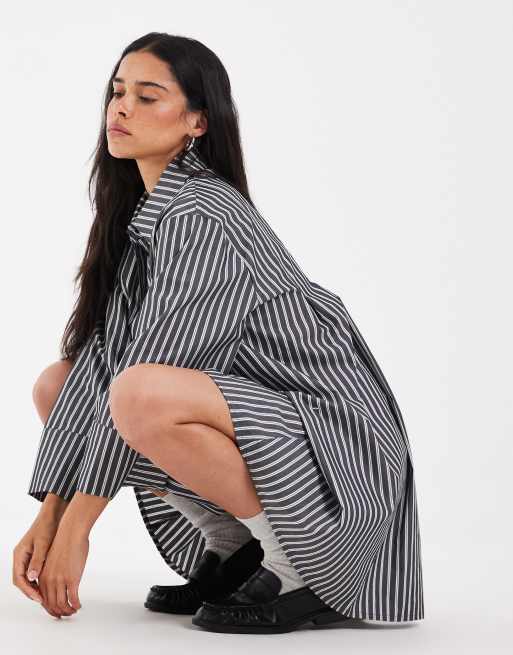 Muse Assembly fiona shirt mini dress in navy pinstripe, 3 of 4