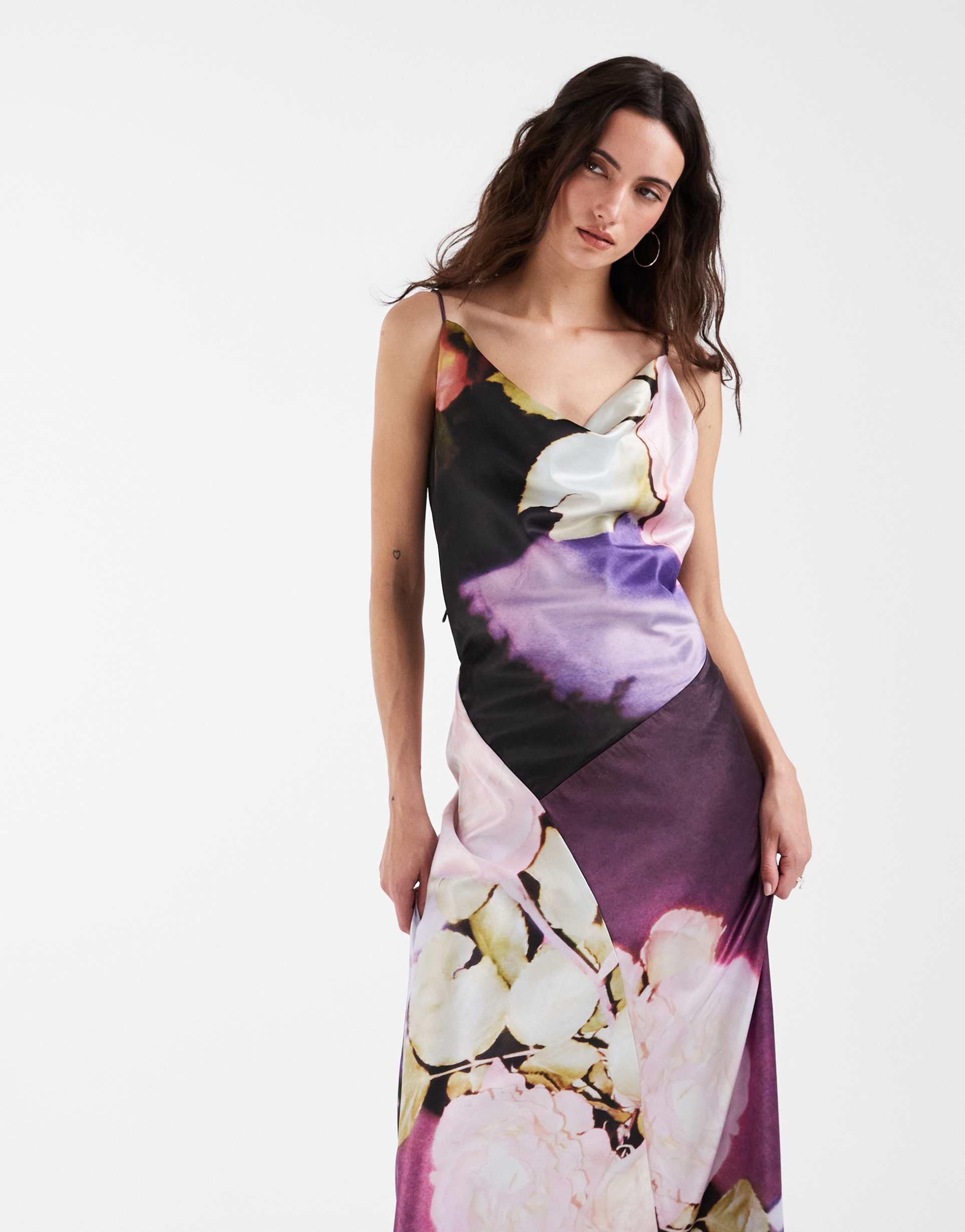 muse assembly floral placement cowl neck maxi dress in burgundy