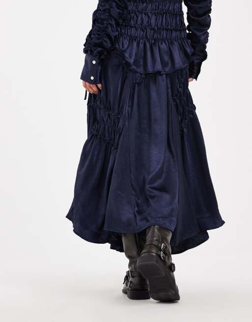 Muse Assembly gathered detail amelia maxi skirt in navy, 4 of 6