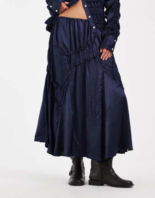 Muse Assembly gathered detail amelia maxi skirt in navy, 6 of 6