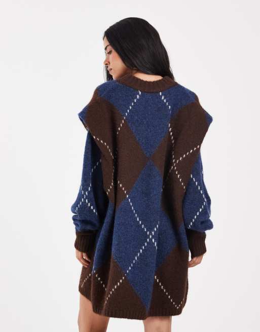 Muse Assembly knitted lucie mini dress in brown blue check, 3 of 5