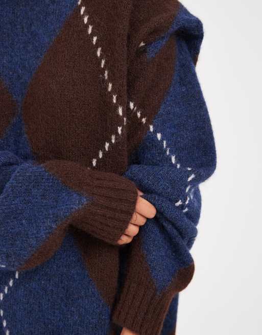 Muse Assembly knitted lucie mini dress in brown blue check, 4 of 5