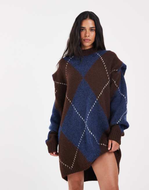 Muse Assembly knitted lucie mini dress in brown blue check, 5 of 5
