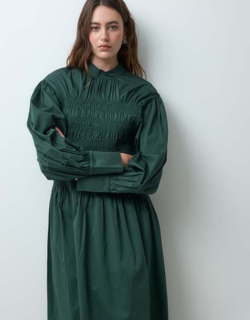Muse Assembly long sleeve shirred rina maxi dress in forest green, 2 of 5