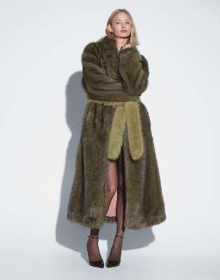 Muse Assembly Longline Faux Fur Jacket With Detachable Mittens And Tie Waist In Green