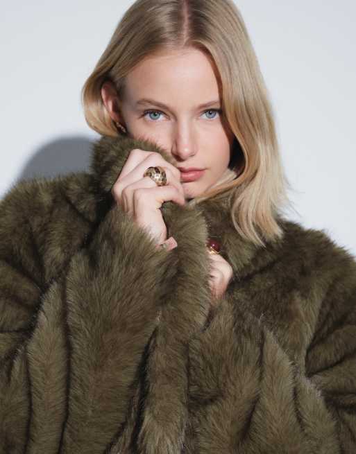 Muse Assembly longline faux fur jacket with detachable mittens and tie waist in olive, 2 of 4