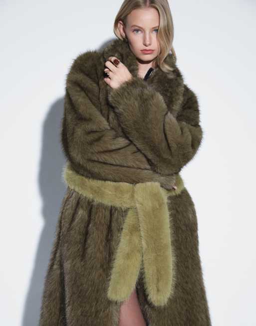 Muse Assembly longline faux fur jacket with detachable mittens and tie waist in olive, 3 of 4