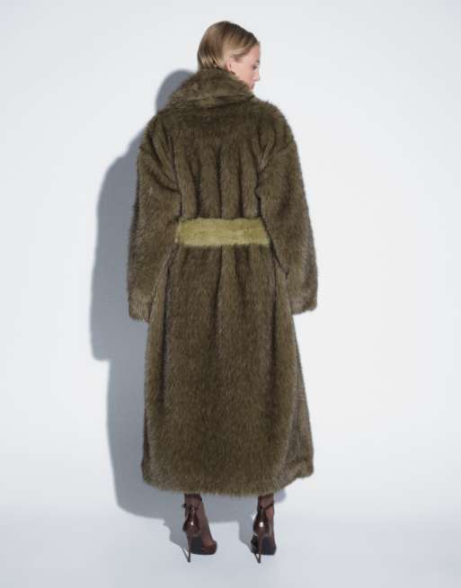 Muse Assembly longline faux fur jacket with detachable mittens and tie waist in olive, 4 of 4