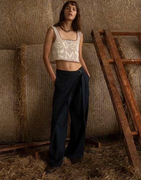 Muse Assembly low rise baggy pants with skirt overlay in navy pinsripe - view 1