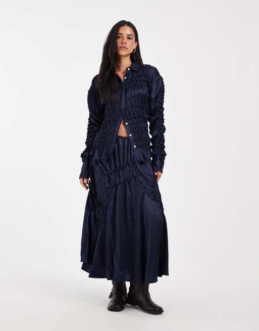Muse Assembly nederdel i maxi-længde med rynkedetalje i navy, 2 af 6