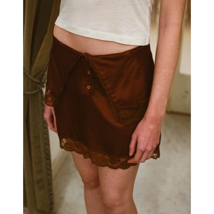 Muse Assembly Pammy lace trim mini skirt in brown | ASOS