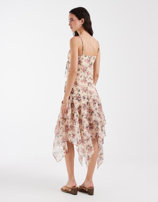 Muse Assembly - Pink midaxikjole med V-hals og asymmetrisk kant i krøllet chiffon med blomstermønster, 5 af 5