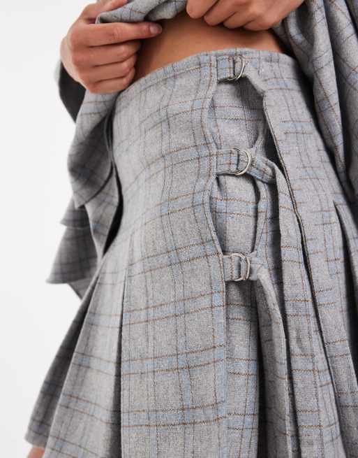 Muse Assembly pleated jules mini skirt in muted check, 4 of 6