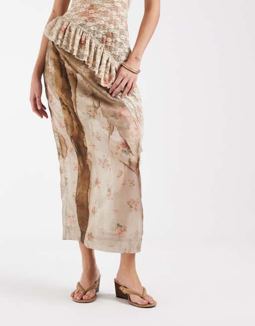 Muse Assembly printed organza maxi skirt in muted florals, 4 of 6